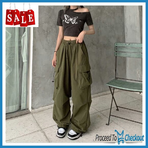 Women's Baggy Cargo Pants High Waist Multi Pocket Straight Leg Vintage - Picture 6 of 8